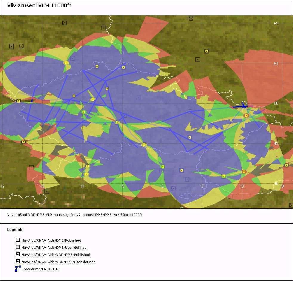 Obr. 83 Navigační výkonnost pro výšku 11000 ft při vyřazení VOR/DME VLM Obr.