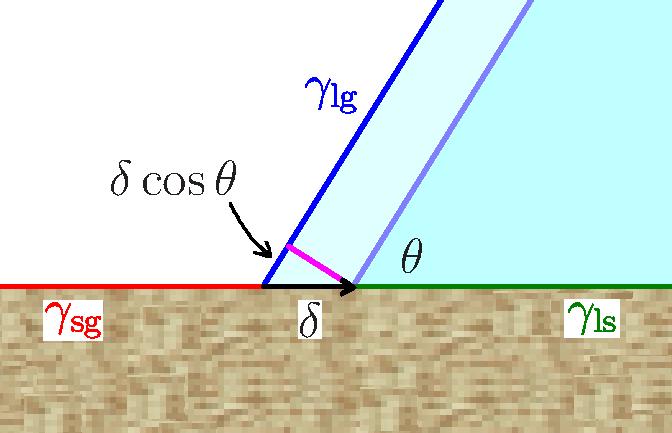 Youngova rovnice a rozestírání Na povrchu tuhé látky: 7/23 (smáèení = wetting, rozestírání = spreading) Youngova rovnice: souèet vektorù mezifázových napìtí je nulový γsg = γ ls + γ lg cos θ Odvození