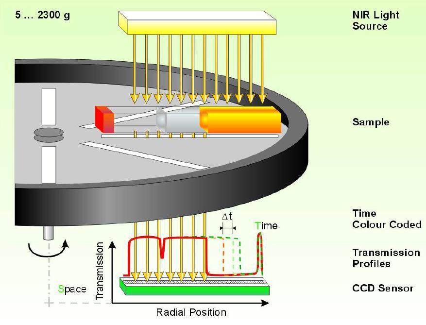 Vzorky jsou umístěny ve 12 kyvetách, ve kterých je ve zvoleném intervalu (10 600 s) sledován profil transmitance NIR záření (870 nm; délka detektoru -