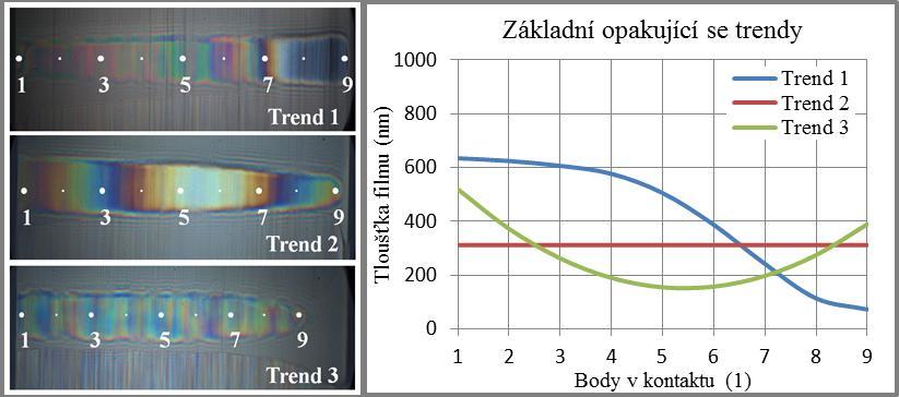 DISKUZE Obr. 5-2 Jednotlivé trendy rozloţení tloušťky mazacího filmu Zobrazení kontaktu v kontextu celého systému je znázorněno na Obr.