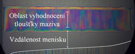 Tloušťka mazacího filmu (nm) DISKUZE na vzdálenosti menisku maziva od hranice Hertzova kontaktu, viz Obr. 5-9. Místo vyhodnocení tloušťky filmu pro konkrétní vzdálenost menisku je znázorněno na Obr.