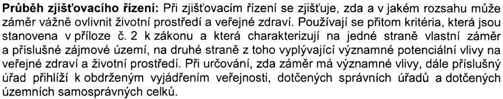 Prùbìh zjiš ovacího øízení: Pøi zjiš ovacím øízení se zjiš uje, zda a v jakém rozsahu mùže zámìr vážnì ovlivnit životní prostøedí a veøejné zdraví.