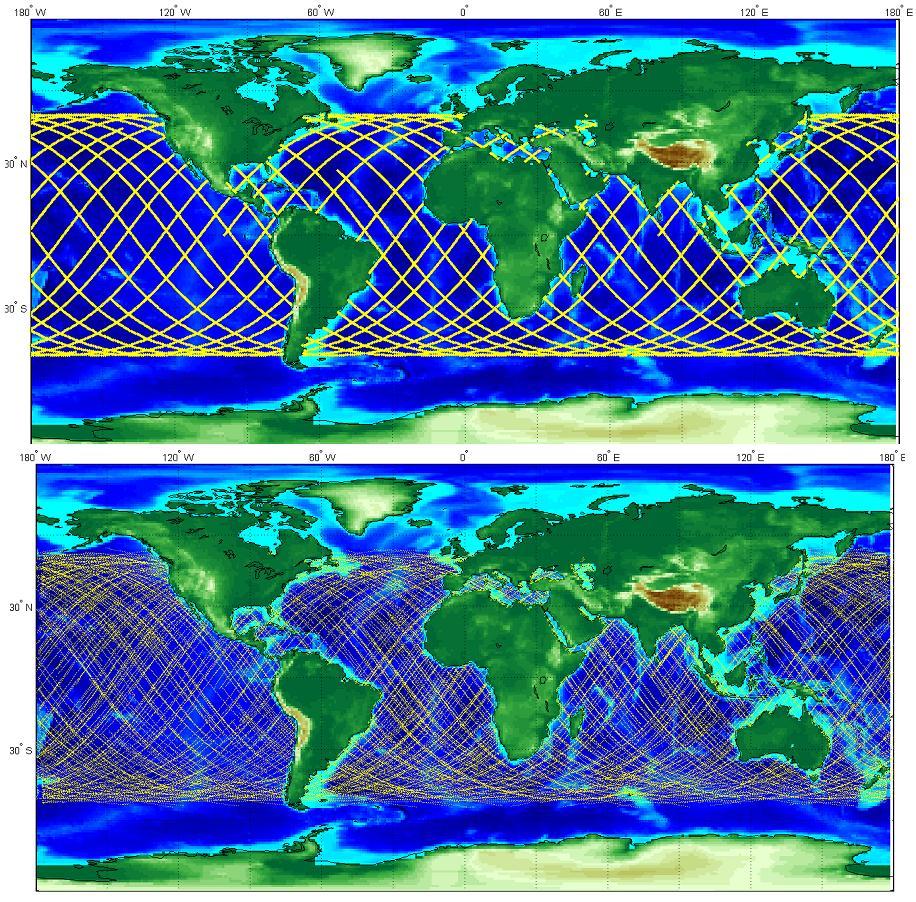3.2 Přínos bistatické altimetrie Výhodou konceptu bistatické altimetrie je vyšší hustota pokrytí povrchu Země odraznými body (Obrázek 3.2). Obrázek 3.