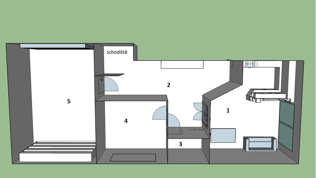 1. obývací pokoj spojený s kuchyní 2.