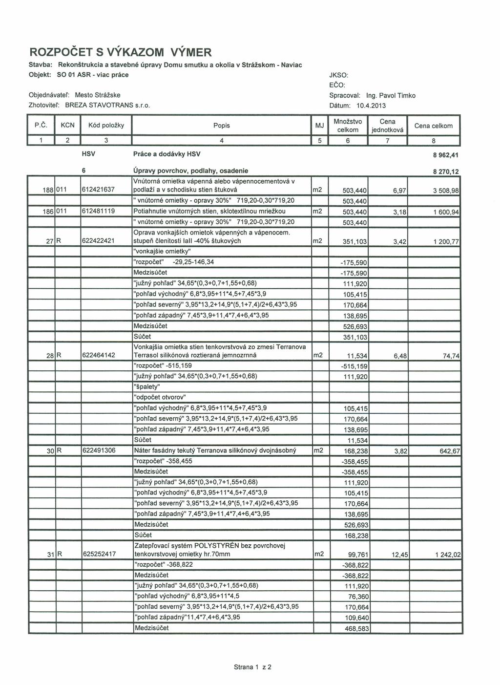 ROZPOČET S VÝKAZOM VÝMER Stavba: Rekonštrukcia a stavebné úpravy Domu smutku a okolia v Strážskom Naviac Objekt: SO 01 ASR viac práce JKSO: Objednávateľ: Zhotoviteľ: Mesto Strážske BREZA STAVOTRANS s.