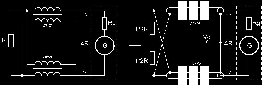 Tento širokopásmový transformátor je řešen netradičním způsobem, kdy vlastní koaxiální vedení o vlnové impedanci 25 Ω je navinuto na toroidním jádře z hmoty 4C65 od firmy Ferroxcube. Obr. 2.54: Experimentální širokopásmový transformátor.