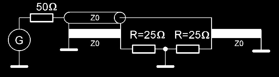 Obr. 2.10: Principiální schéma kompenzovaného balunu. Jak bylo uvedeno výše, vždy je nutné při konstrukci tranzistorového zesilovače začít stanovením vstupní výstupní impedance LDMOS tranzistoru.