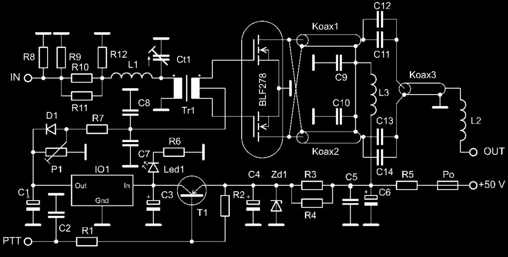 Obr. 2.31: Elektrické schéma zapojení VF části zesilovače s ovládáním PTT. Obr. 2.32: Osazovací plán experimentálního zesilovače s BLF278 pro 144 MHz a 50 V napájení.