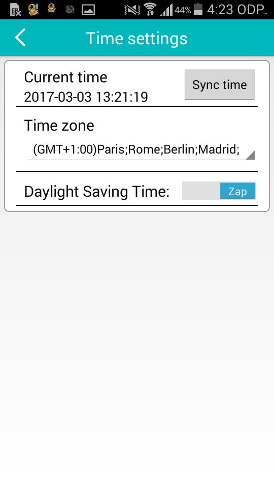 Změna času menu kamery > nastavení > More > Time settings > kliknutím na Sync time nastavíte aktuální čas. Přepnutím možnosti Daylight Saving Time můžete zapnout, či vypnout přepínání letního času. 3.