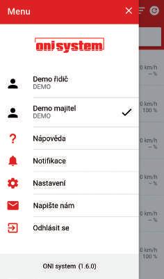 HLAVNÍ MENU APLIKACE Klepnutím na ikonu v horním levém rohu obrazovky se otevírá hlavní nabídka aplikace ONI system. V této nabídce lze: 1. zobrazovat e-manuál k aplikaci, 2.