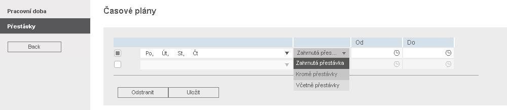46 5 ZAČÍNÁME S CLOUDEM TIMEMOTO 5.7.2 PŘESTÁVKY Cloud TimeMoto nabízí přestávky pro oba typy časových plánů (Dny a Hodiny).