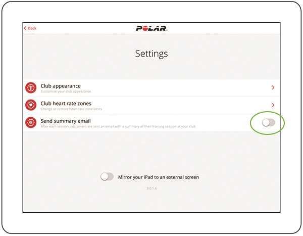 Chtějí-li členové klubu dostávat prostřednictvím svého účtu e-maily s tréninkovým přehledem, musí v účtu Polar Flow souhlasit se zasíláním sdělení Polar Club (Settings (Nastavení) > Privacy