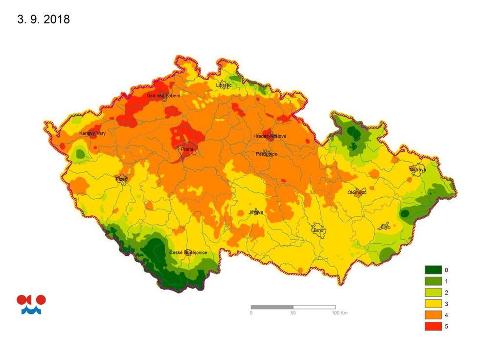 Obr. 1: Míra ohrožení půdním suchem ve vrstvě 0 až 100 cm pod trávníkem k 27. 8.