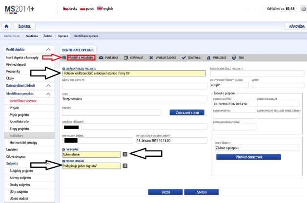 1.1.4 Záložky žádosti Identifikace operace Na záložce Identifikace operace žadatel vyplní Zkrácený název projektu, ze seznamu zvolí Typ Podání (Automatické x Ruční) a Způsob jednání.