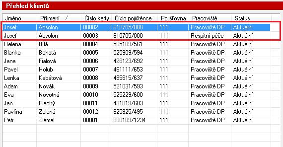 V programu se bude takovýto klient zobrazovat tolikrát, kolik pracovišť o něj pečuje (nebo v minulosti pečovalo).