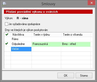 Hlavní okno tlačítko Otevřít kartu klienta sekce Smlouva s klientem záložka Smlouva s klientem tlačítko Opravit tlačítko Přidat (četnost) položka Provádění o svátcích) 4.