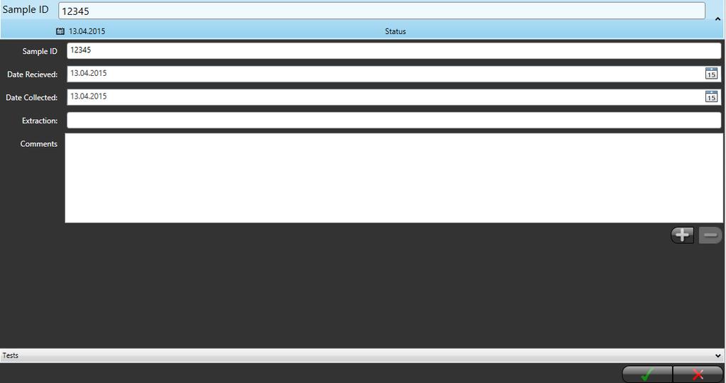 Sample ID/ID vzorku: Date received/datum získání: Extraction/extrakce: Comments/komentáře: Vyžaduje unikátní ID pro každý vzorek. Automaticky nastaveno na aktuální datum, lze editovat.