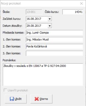60 obr. 2 - úprava protokolu zkoušek podle EN 13067 Po zadání údajů klikněte na tlačítko "Uložit" pro uložení protokolu.