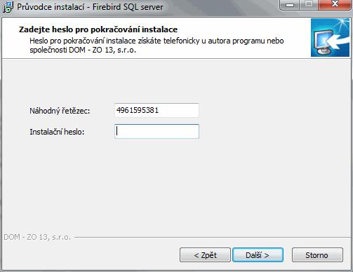 Přesun aplikace na jiný počítač 95 Po odsouhlasení licenční smlouvy se zobrazí obrazovka s vygenerovaným náhodným řetězcem pro instalaci serveru.