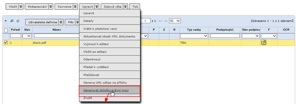 Referent Systém zobrazí profil nově vygenerovaného vlastního dokumentu, na jehož záložce El.dokumenty je vygenerovaný el. dokument s doložkou právní moci.