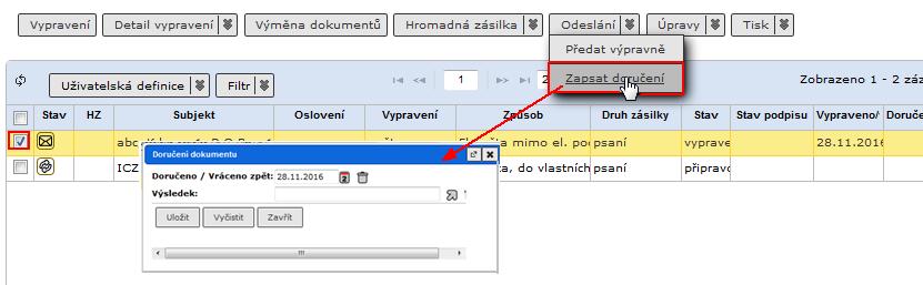 RSV.docx Vyberte vlastní dokument, u kterého chcete zapsat výsledek doručení. Otevřete jej pro úpravy a zobrazte záložku Vypravení.