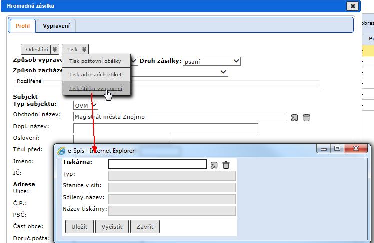 RSV.docx Zobrazte záložku vlastního dokumentu Vypravení. Klikněte na ikonu (Hromadná zásilka) u vypravení stav "připravováno". Zobrazí se formulář Hromadná zásilka.