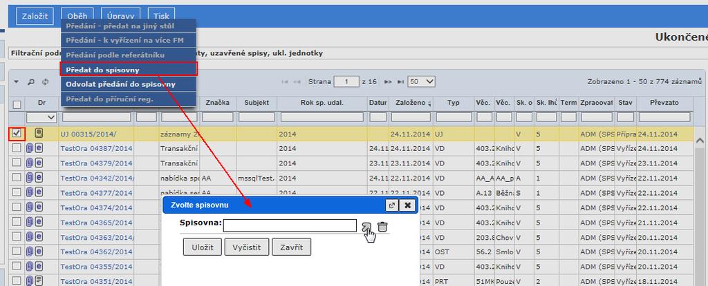 Předání ukládací jednotky (spisu) do příruční spisovny Pokud organizace využívá modul příručních spisoven, má uživatel možnost předat uzavřené spisy, vyřízené dokumenty i otevřené spisy s ukončeným