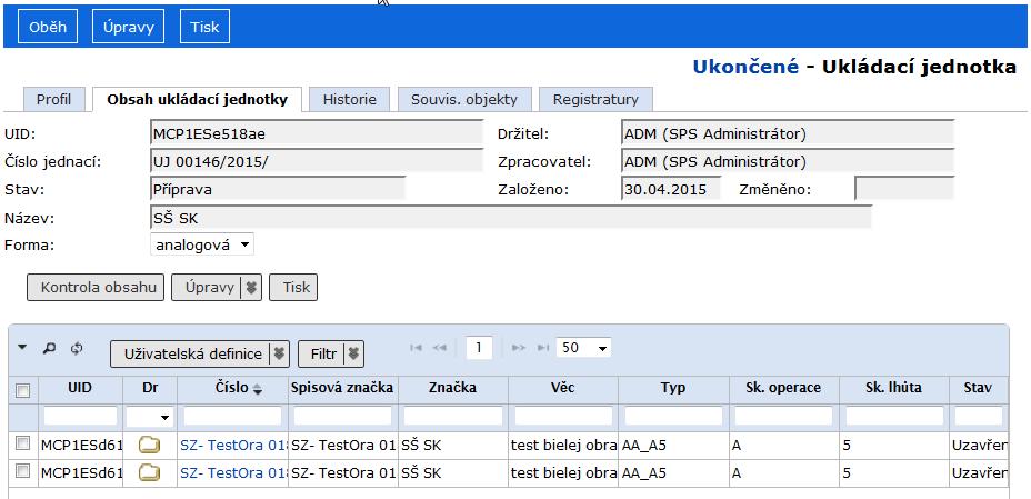 Sekretariát Libovolný objekt zařazený v ukládací jednotce zobrazíte kliknutím na jeho číslo jednací ze záložky Obsah ukládací jednotky.