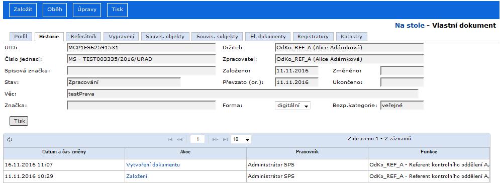 RSV.docx Pokud na záložce Historie kliknete ve sloupci "Akce "na text, zobrazí se v novém okně detailní záznam změn před a po provedení akce.