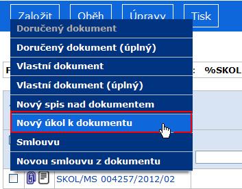 Poznámka: Uživatelé, kteří mají nainstalován modul Usnesení, kde jsou také zakládány úkoly, nemohou bez přidělení role modulu Úkoly popsanou funkčnost použít. obr 46.