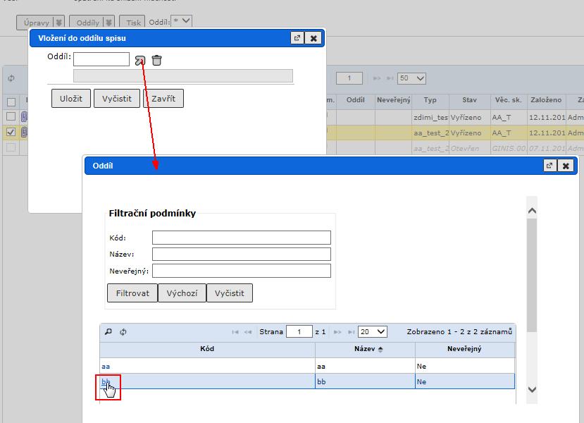 zařadí dokument do vybraného oddílu a zobrazí tuto informaci v