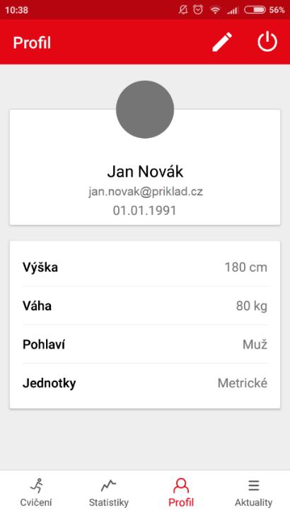 Profil Vyplnění profilu by měla být první věc, co po spuštění aplikace před samotným cvičením uděláte, ale není to nezbytně důležité.
