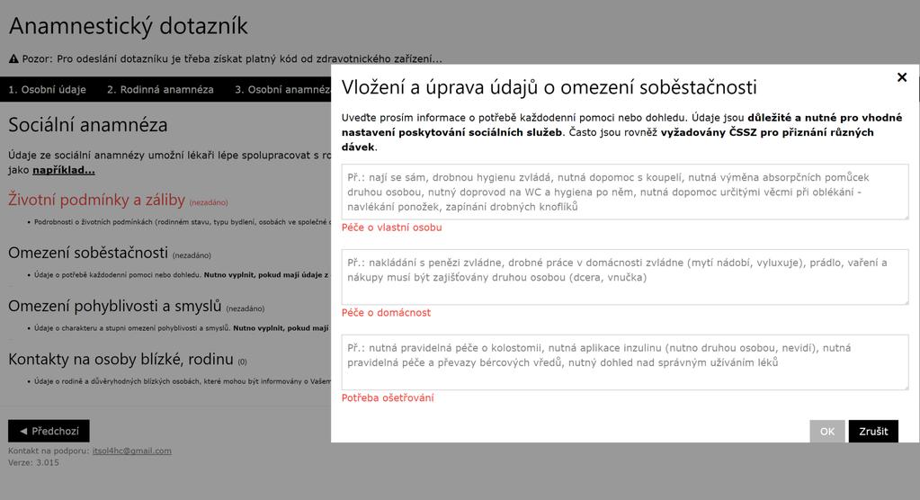 Pacient v elektronickém dotazníku - anamnéza