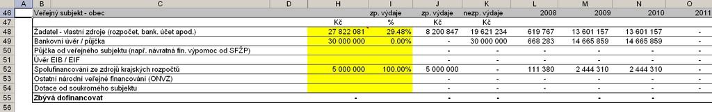 Obrázek 14: List Zdroje financování Veřejný subjekt - obec Jestliže je správně vyplněna tabulka veřejný