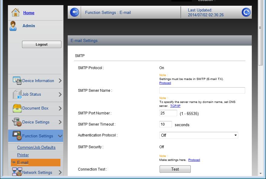 Příprava před použitím 6 V nabídce Function Settings klikněte na E-mail. 7 Zadejte položky "SMTP" a "E-mail Send Settings". Nastavení SMTP Popis Nastavte pro odesílání e-mailů ze zařízení.