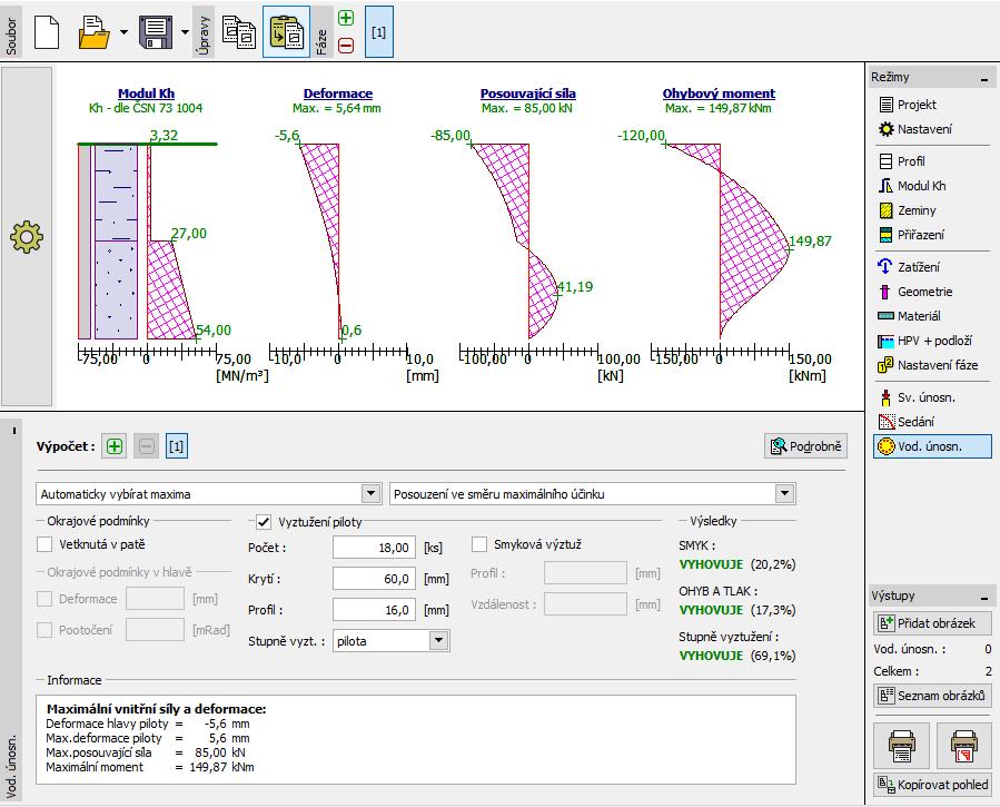 V rámu Vodorovná únosnost lze nyní zobrazit výsledky výpočtu.