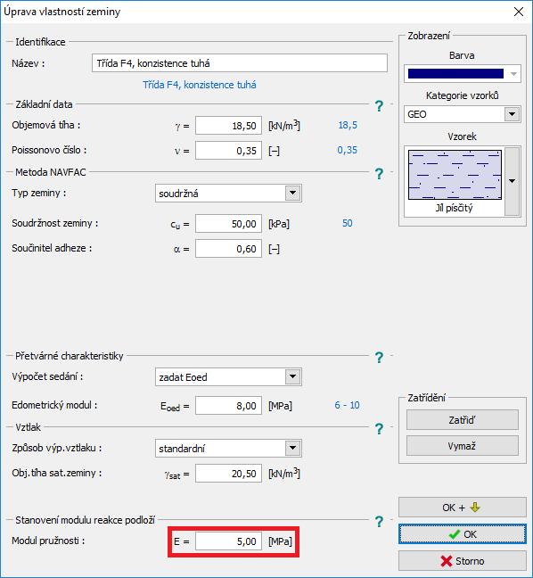 Rám Modul K V rámu Zeminy je nyní nutné nastavit modul elasticity