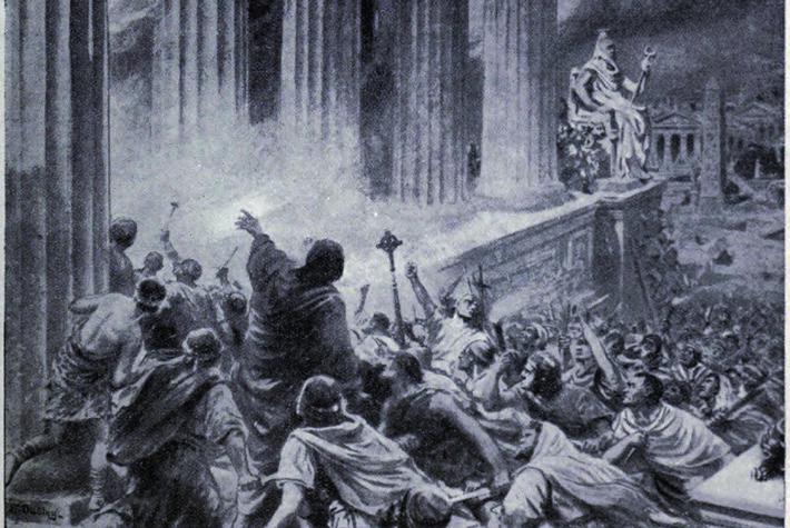 Zničení Alexandrijské knihovny křesťany v roce 391 na kresbě z roku 1910. ; Vlivná škola Hypatia pořádala vědecké i filozofické přednášky.