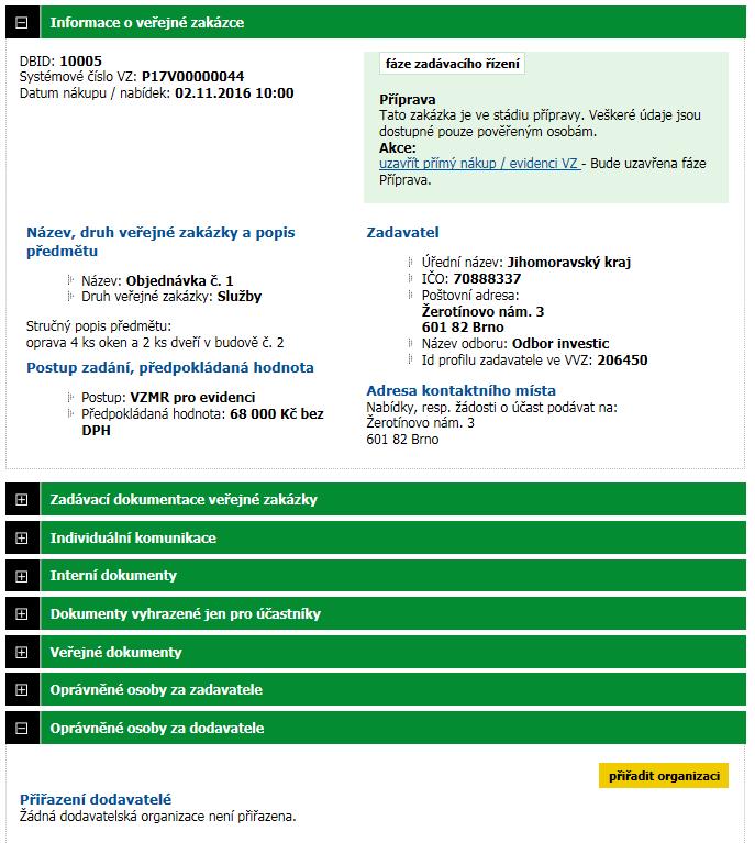 7) Poté se Vám zobrazí detail veřejné zakázky s vloženými informacemi o dané veřejné zakázce a různými záložkami.