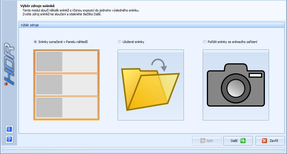 Spuštění modulu a volba zdroje snímků ke sloučení 4. Zobrazí se okno, ve kterém je možné nastavit parametry sloučení a vytvořit HDR snímek.