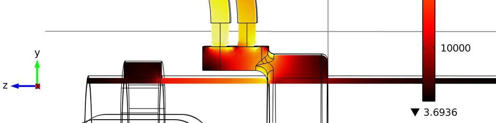 Obr. 10.13. Řez zachycuje míru tepelného toku napříč přípojnicovou spojkou; nejsvětlejší místa ukazují na největší podíl chlazení vedením tepla. 10.7.1. Vliv kontaktů Vzhledem k faktu, že nebylo možné žádným způsobem stanovit přesné parametry kontaktních ploch, byla zvolená hodnota koeficientu kvality kontaktů podrobena citlivostní analýze.