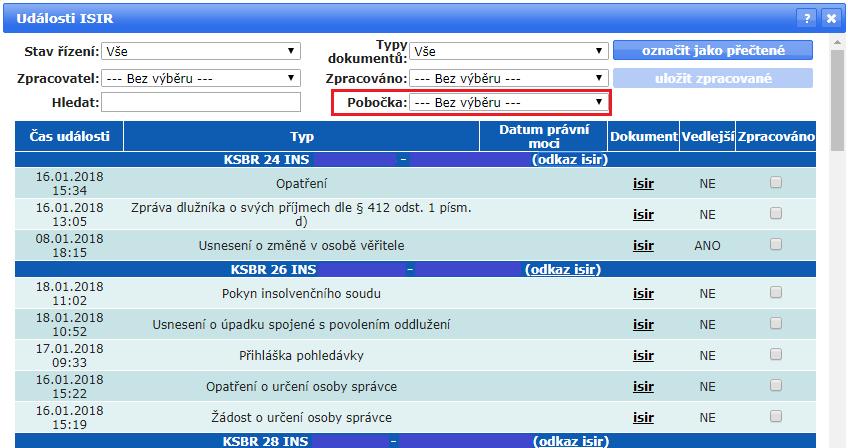 OKNO UDÁLOSTI ISIR FILTR POBOČKA V úvodním okně Události ISIR byl implementován nový filtr Pobočka.