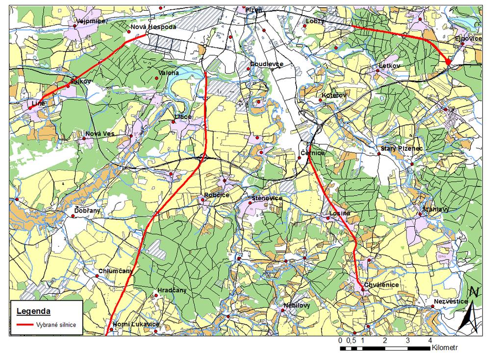 ÚVOD 1.2 VYMEZENÍ ZÁJMOVÉHO ÚZEMÍ Zájmové území bylo vymezeno frekventovanými úseky silnic I. třídy na východním, jižním a jihozápadním okraji Plzně, vyznačenými na mapě na obrázku č. 1. Obrázek 1: Úseky vybraných silnic (podkladová data OpenStreetMap, 2017) Jedná se o jihozápadní část silnice č.