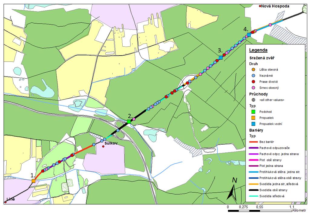 VÝSLEDKY Obrázek 26: Souhrnná mapa bariér a srážek se zvěří na západním úseku silnice č. 26 (podkladová data OpenStreetMap, 2017; Sražená zvěř Centrum dopravního výzkumu, 2017). 4.