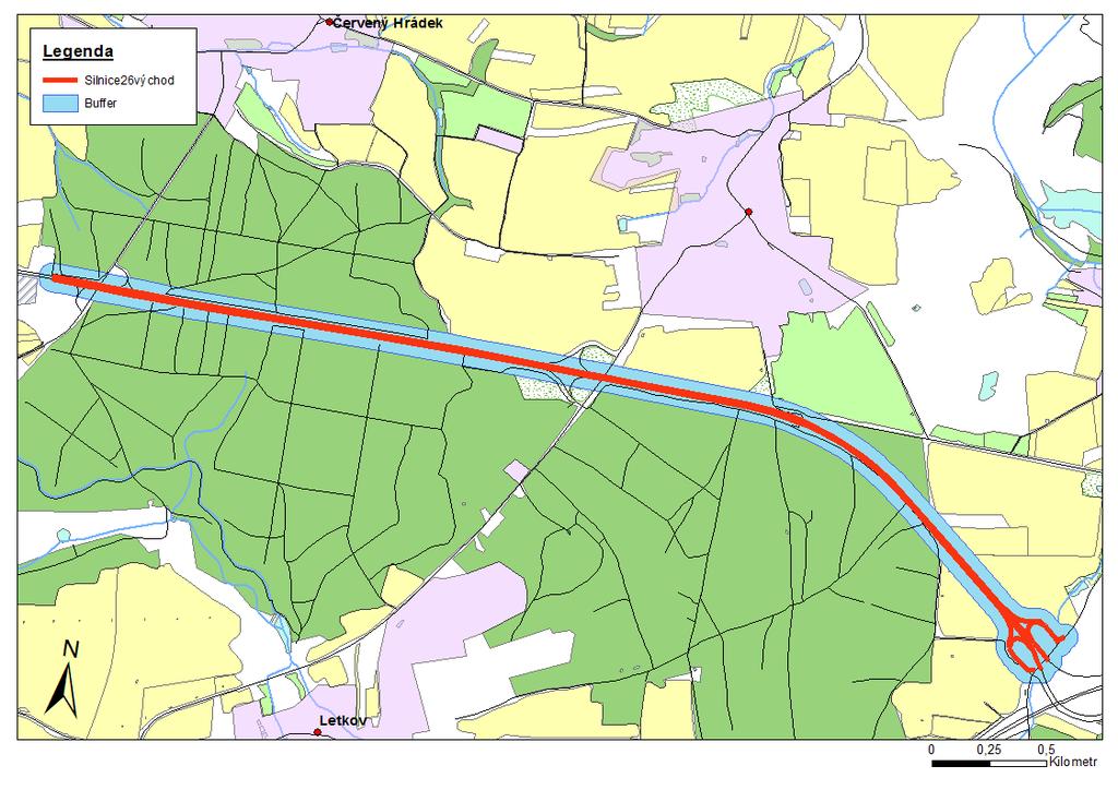 VÝSLEDKY Obrázek 27: Narušená zóna silnice č. 26 východ (topografický podklad: OpenStreetMap, 2017). 4.2.2 SRAŽENÁ ZVĚŘ Z tabulky č. 5 a grafu na obrázku č.