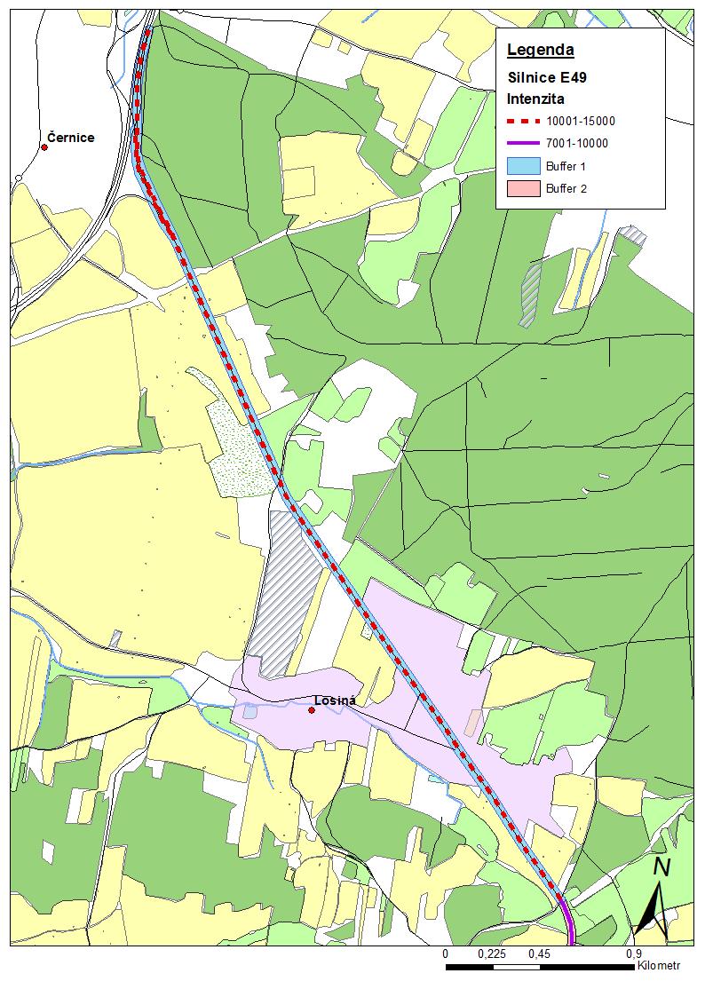 VÝSLEDKY 4.3 SILNICE E49 4.3.1 NARUŠENÁ ZÓNA Tento úsek silnice, měřící 7 033 metrů, je intenzitou dopravy rozdělen na dvě rozdílné bufferové zóny, které jsou znázorněny na dvou mapách na obrázcích č.