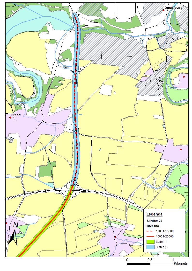 VÝSLEDKY 4.4 SILNICE Č. 27 4.4.1 NARUŠENÁ ZÓNA Celý úsek silnice je dlouhý 13 057 metrů a je nejdelší z úseků sledovaných v této práci.