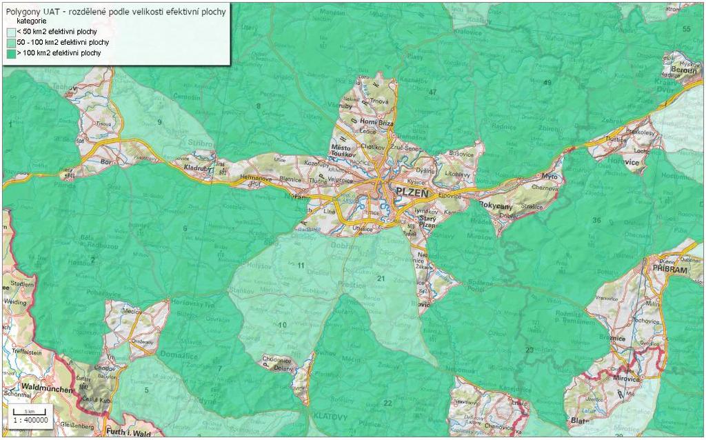 VÝSLEDKY Obrázek 59: Polygony UAT na Plzeňsku (Zdroj: topografický podklad ČÚZK, 2016; Polygony UAT Evernia s.r.o et Cenia, 2012) Ty jsou sice v celkové kvalitě polygonů hodnoceny pouze jako dobré, ale jejich efektivní plochy se nacházejí v rozmezí 50-100 km 2.