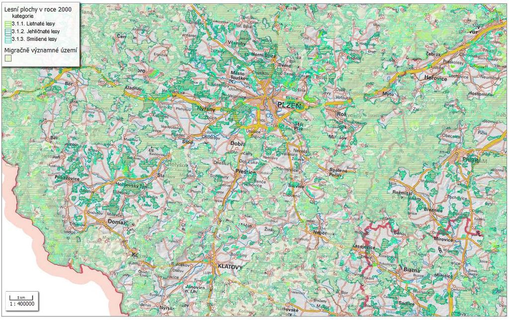 VÝSLEDKY Obrázek 62: Zalesněné plochy na Plzeňsku (Zdroj: topografický podklad ČÚZK, 2016; Lesní plochy Ministerstvo životního prostředí, 2015, et Cenia, 2012) Vybrané úseky zkoumané v této práci se