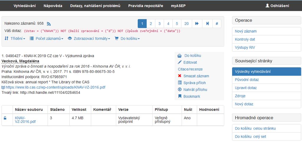 Editace, smazání záznamu aktuální rok sběru - správa všech záznamů ústavu, editace,